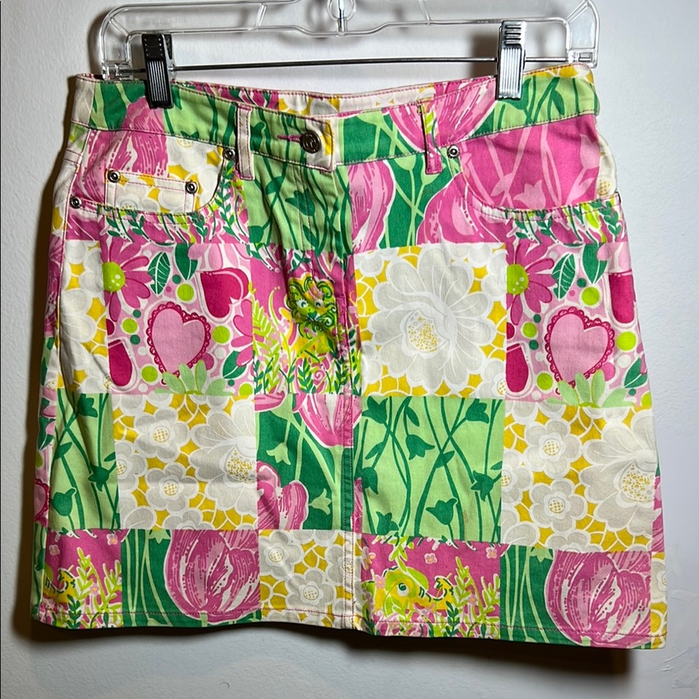 Lilly Pulitzer Mini Skirt Lions Floral Patchwork Print Pink Green Womens Size 2